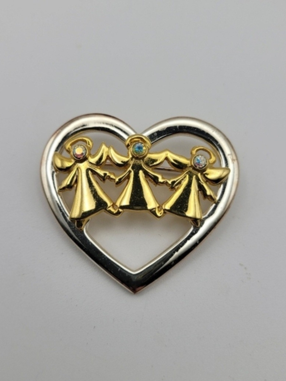 Vintage Gold & Silver Tone Heart Brooch with Angel Trio